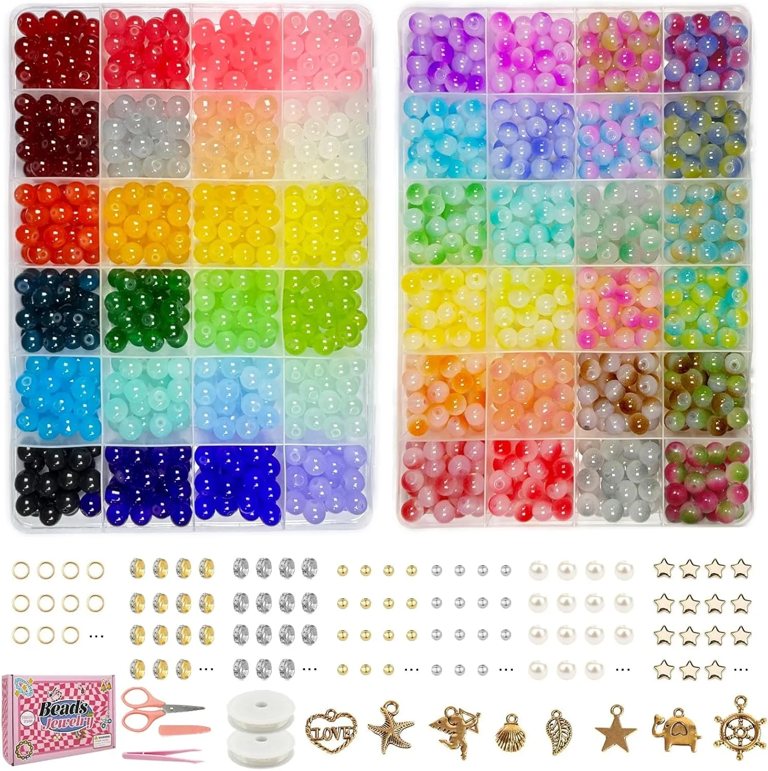 1200Pcs 8Mm Glass Beads for Bracelets Making, 24Colors Crystal Glass Beads Jewelry Making Kit, round Beads for DIY Bracelet Crafts