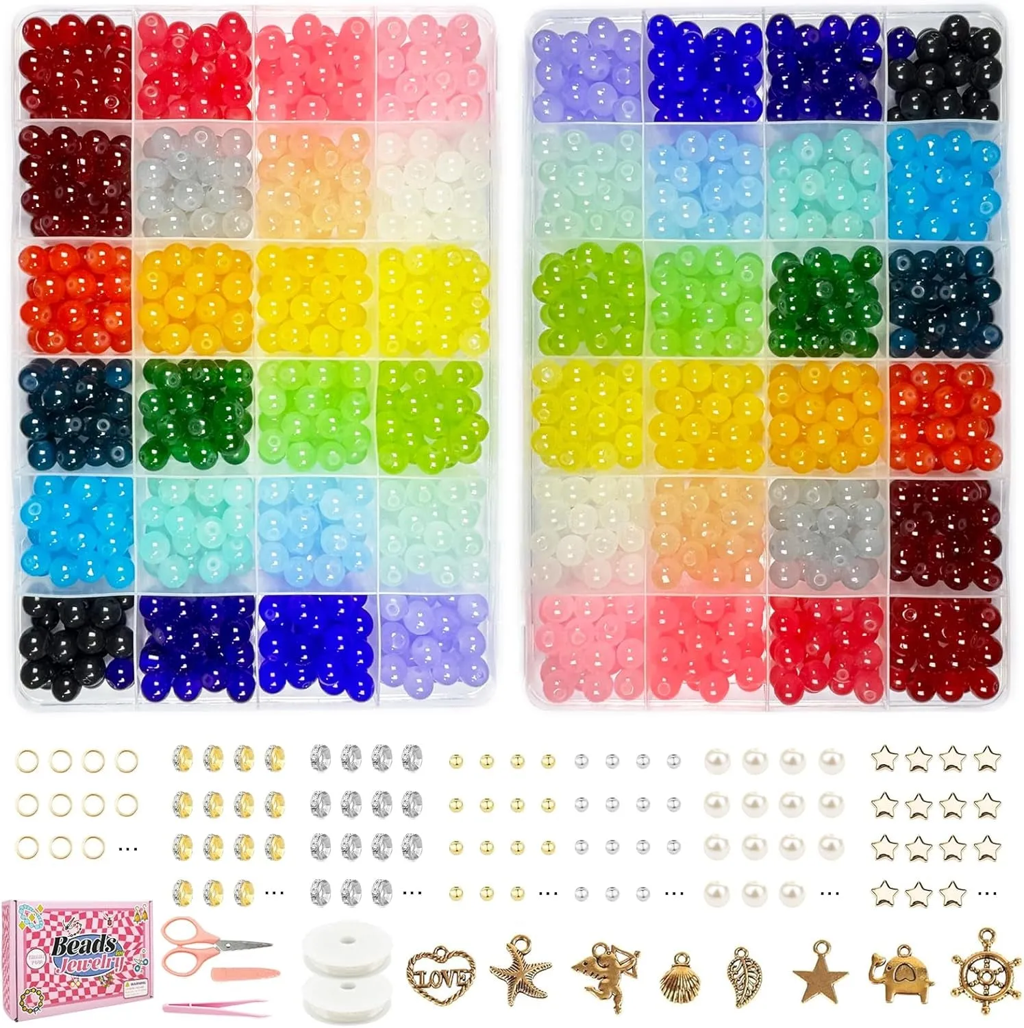 1200Pcs 8Mm Glass Beads for Bracelets Making, 24Colors Crystal Glass Beads Jewelry Making Kit, round Beads for DIY Bracelet Crafts