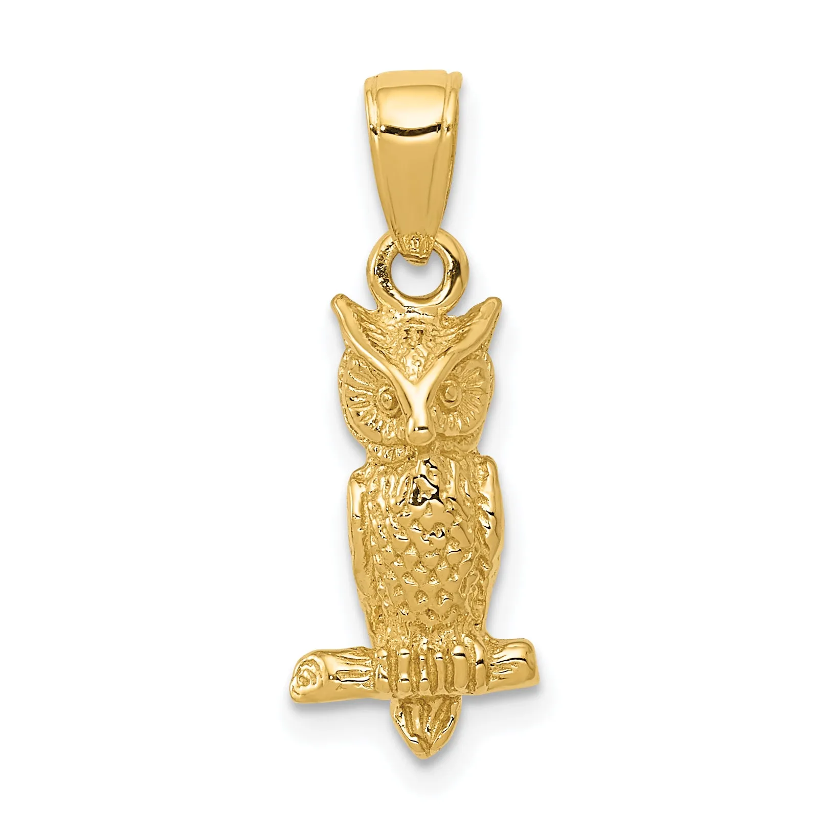 14K Gold 3D Owl Pendant with Polished Finish and Textured Detail
