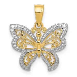 14K Gold and Rhodium Butterfly Charm with Polished Textured Finish — Elegant Nature-Inspired Jewelry
