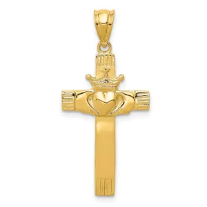 14K Gold Claddagh Cross Pendant with Polished Finish, Solid Design