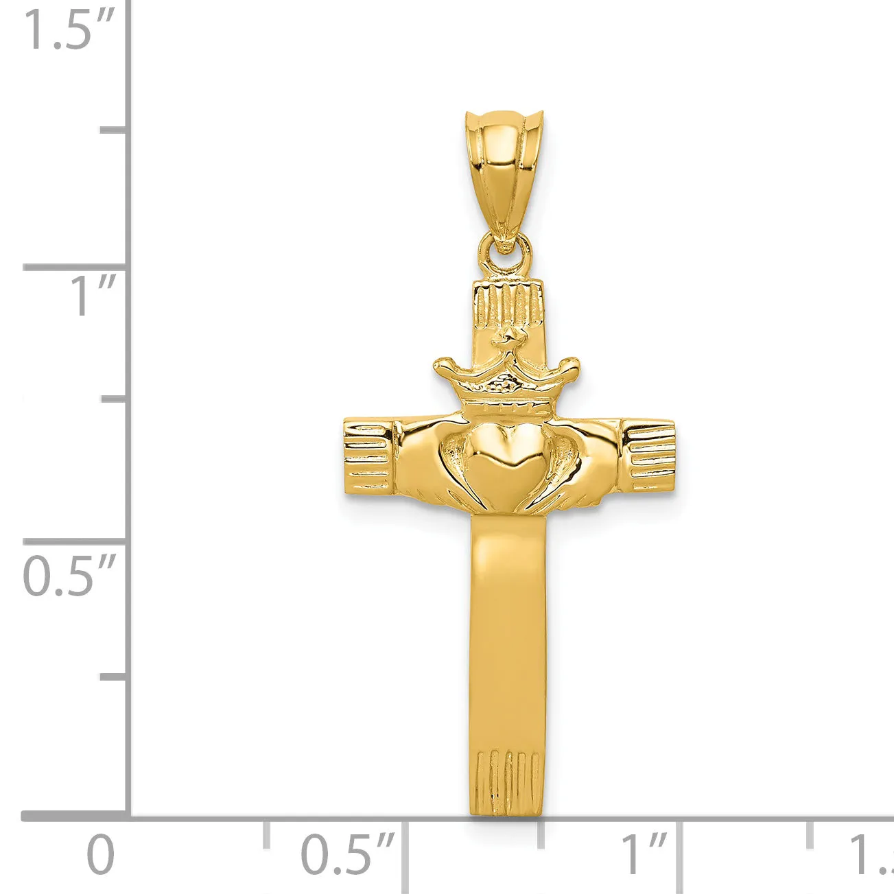 14K Gold Claddagh Cross Pendant with Polished Finish, Solid Design