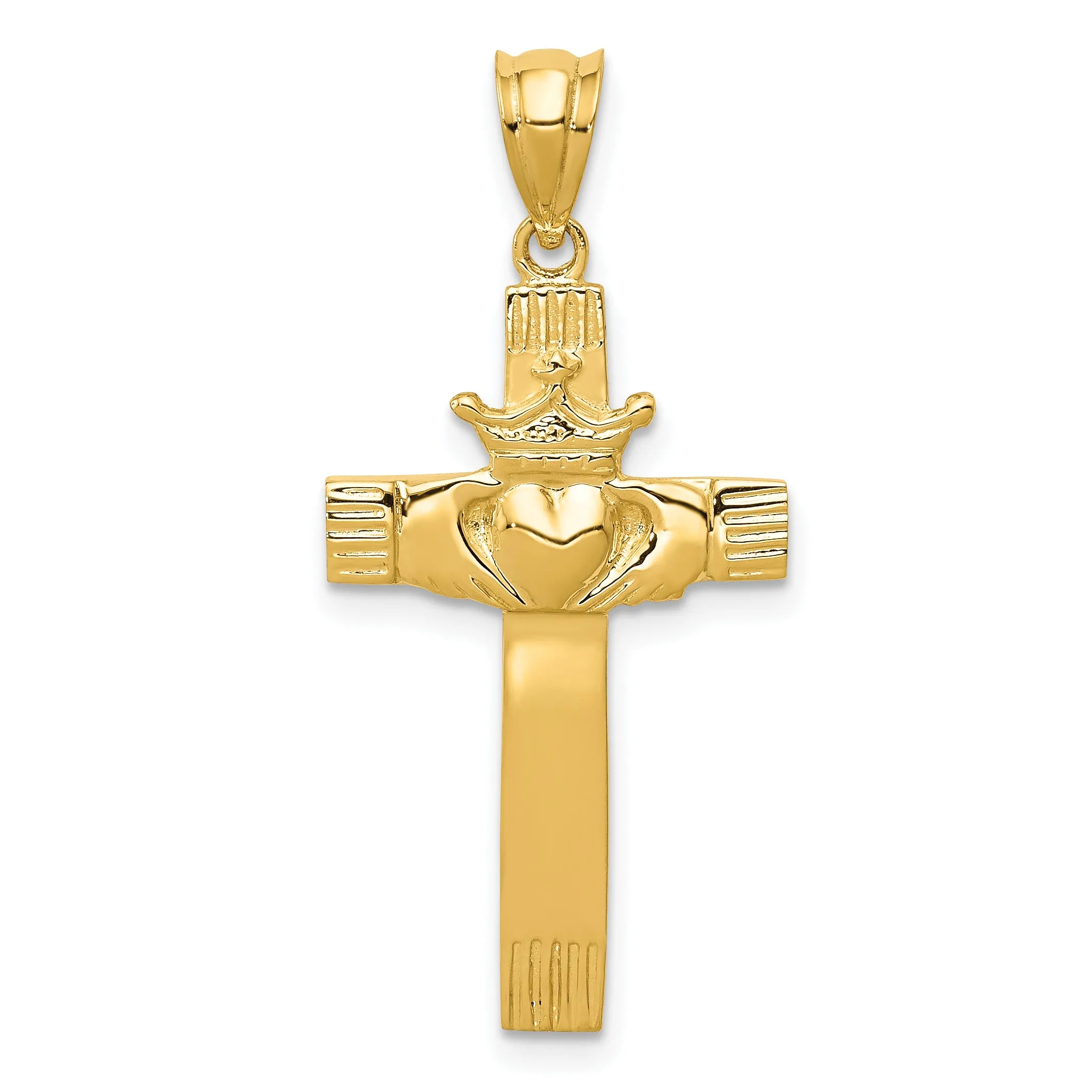 14K Gold Claddagh Cross Pendant with Polished Finish, Solid Design