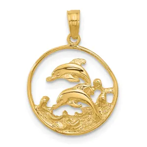 14K Gold Double Dolphin Circle Pendant with Solid Cast Design