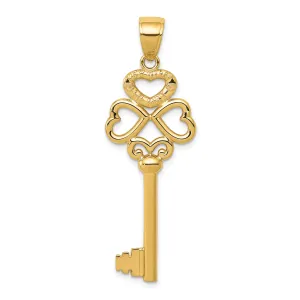 14K Gold Polished 3D Hearts Key Charm Elegant Gift-Ready Pendant