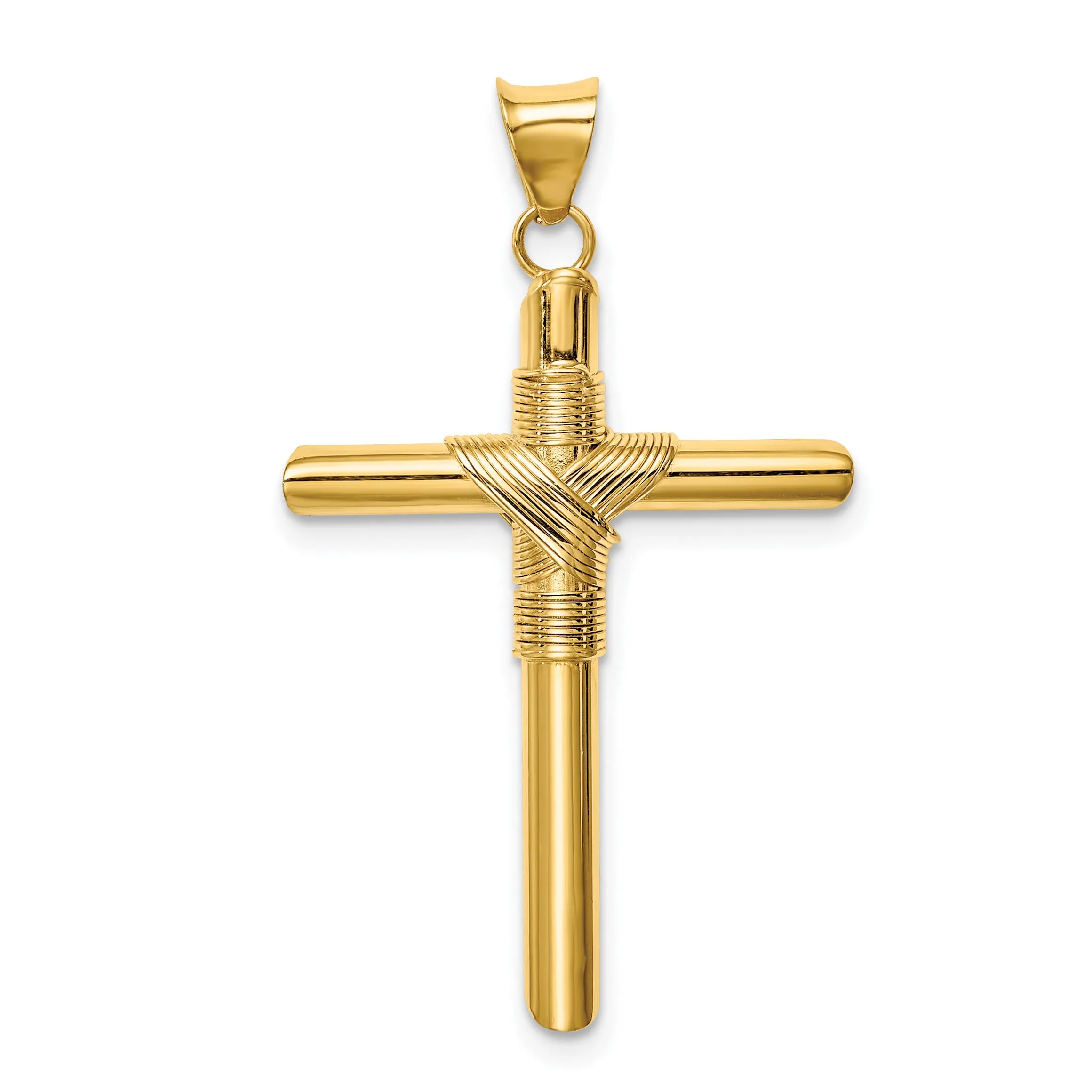 14K Gold Polished Cross Pendant with Center Wrap, 3D Design