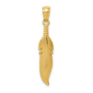 14K Gold Polished Feather Pendant  Unisex, Solid, Textured Design