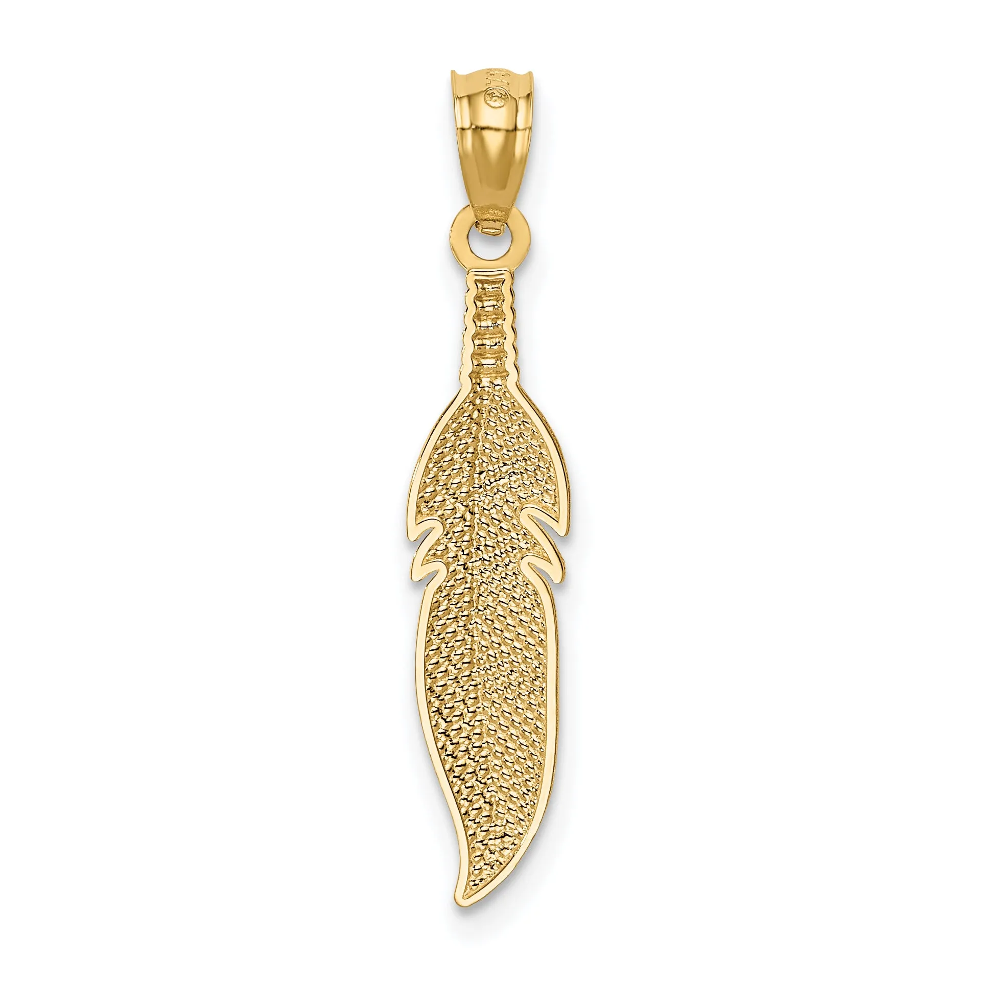 14K Gold Polished Feather Pendant  Unisex, Solid, Textured Design