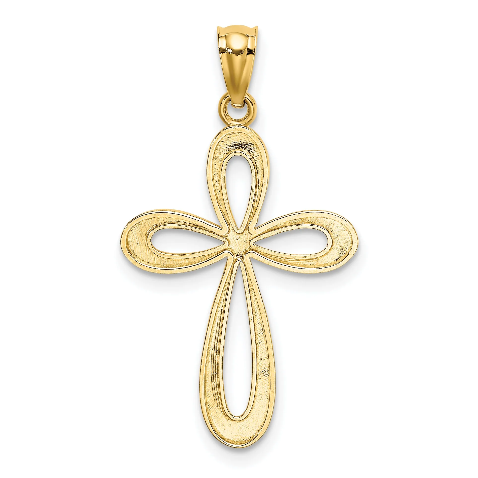 14K Gold Polished Ribbon Cross Pendant with Elegant Open-Back Design