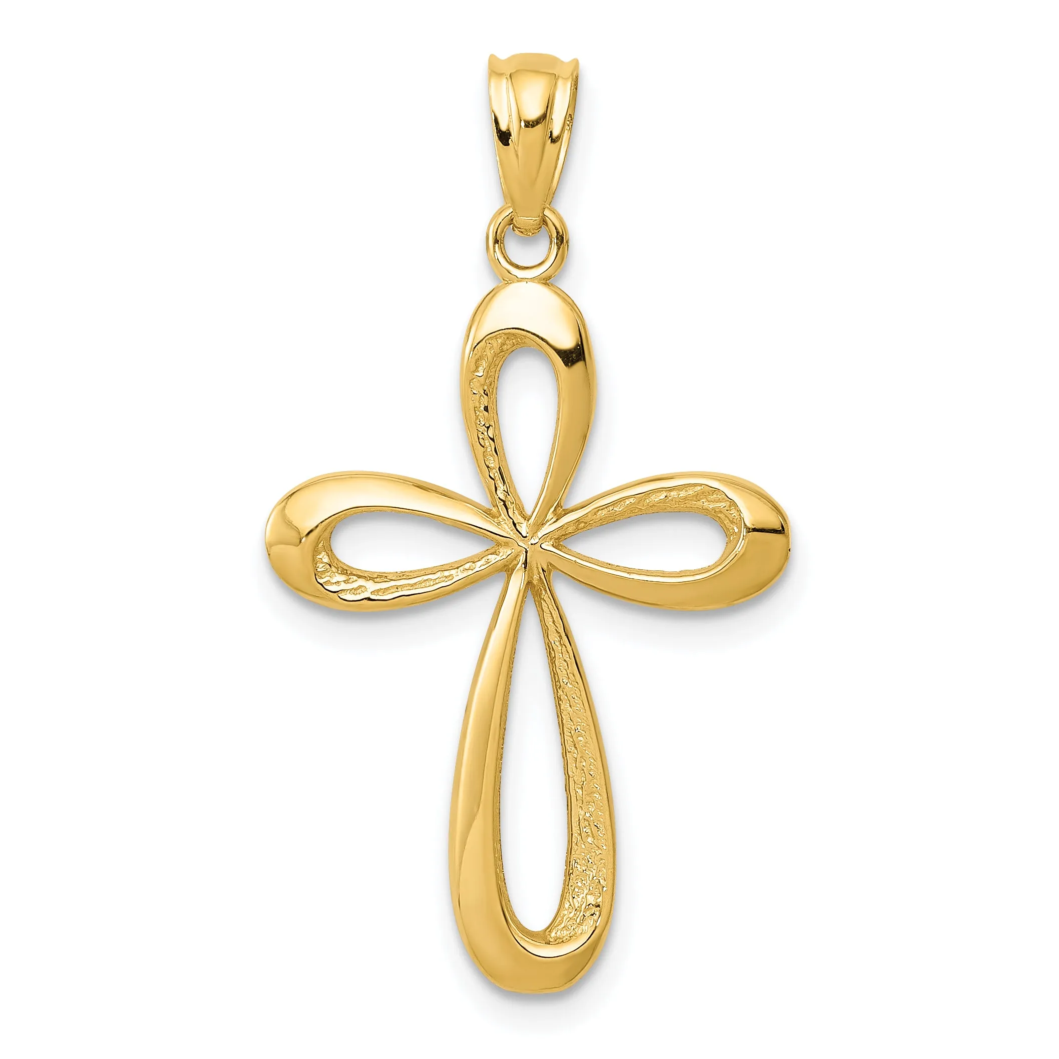 14K Gold Polished Ribbon Cross Pendant with Elegant Open-Back Design
