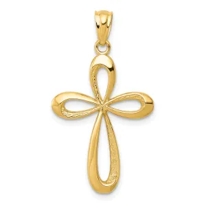 14K Gold Polished Ribbon Cross Pendant with Elegant Open-Back Design