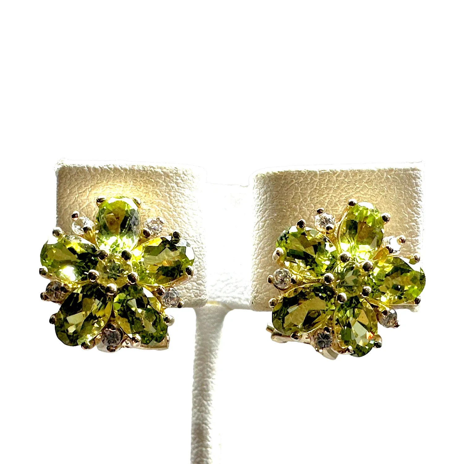 14K Yellow Gold, Peridot & Diamond Flower Design Post Earrings
