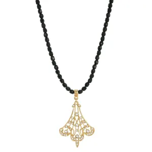 1928 Jewelry Minuit Black Glass Strand Bead Gold Filigree Fan & Crystals Pendant Necklace 15"   3" Extender