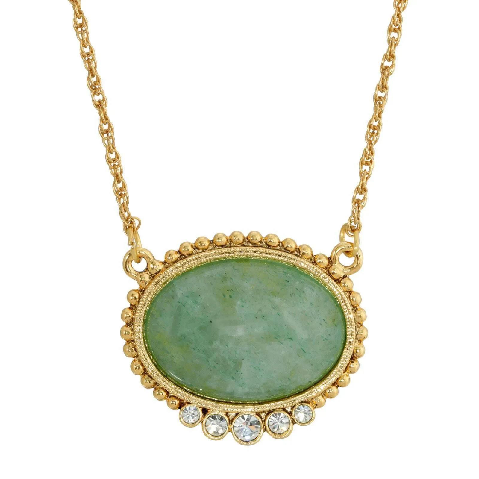 1928 Jewelry Oval Gemstone With Crystals Pendant Necklace 16"