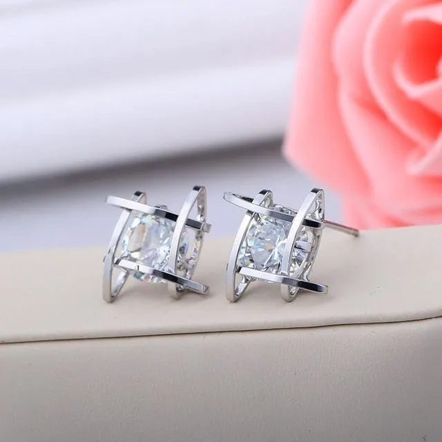 2016 Fashion Exquisite Square Pierced Crystal Zircon Stud Earrings Jewelry For women Ear Studs Gifts Free shipping