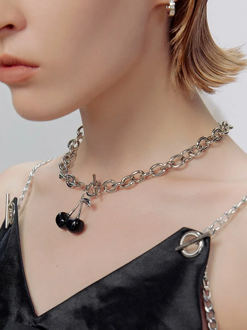 2021 NEW Trend Cherry Clavicle Chain Necklace for Women Black Earring Set Charms Silver Color Hollow Party Jewelry Accessories