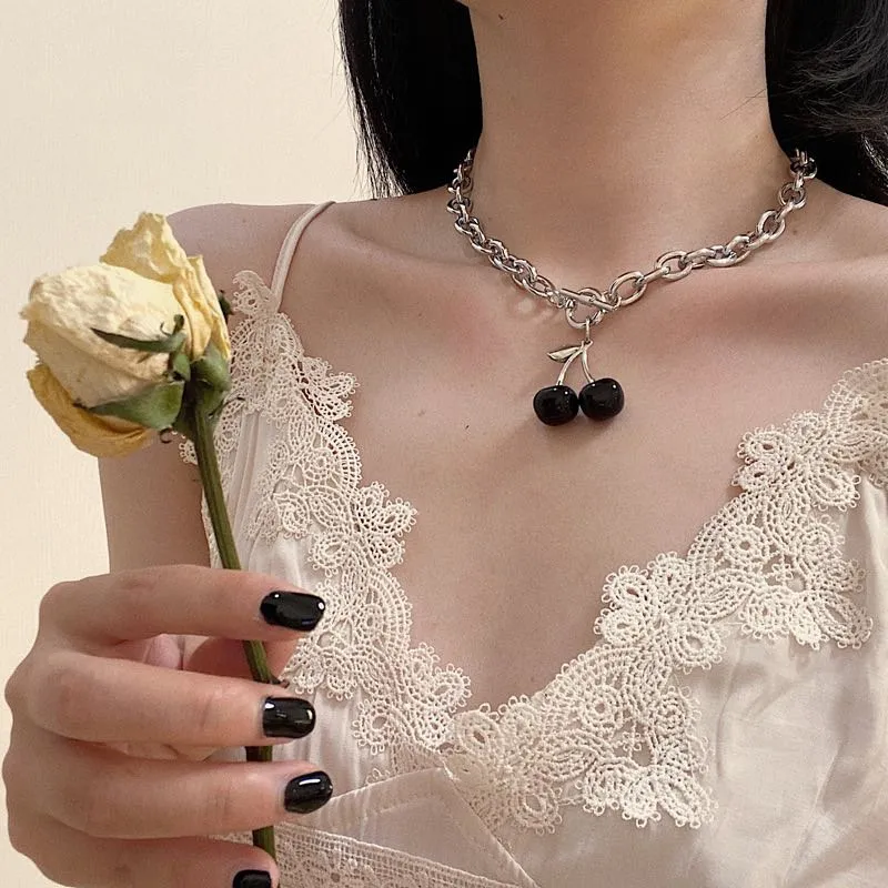 2021 NEW Trend Cherry Clavicle Chain Necklace for Women Black Earring Set Charms Silver Color Hollow Party Jewelry Accessories