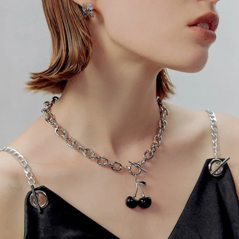 2021 NEW Trend Cherry Clavicle Chain Necklace for Women Black Earring Set Charms Silver Color Hollow Party Jewelry Accessories
