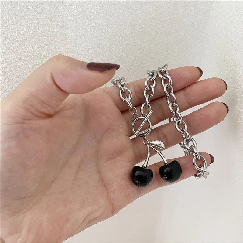 2021 NEW Trend Cherry Clavicle Chain Necklace for Women Black Earring Set Charms Silver Color Hollow Party Jewelry Accessories