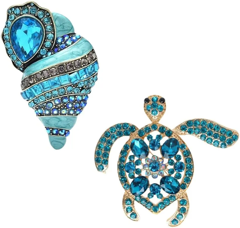 2PCS Luxury Blue Gemstone - Studded Conch Brooch and Lovely Blue Rhinestone - Set Alloy Brooch, Ideal for Bag and Clothing Decoration