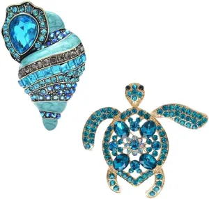 2PCS Luxury Blue Gemstone - Studded Conch Brooch and Lovely Blue Rhinestone - Set Alloy Brooch, Ideal for Bag and Clothing Decoration