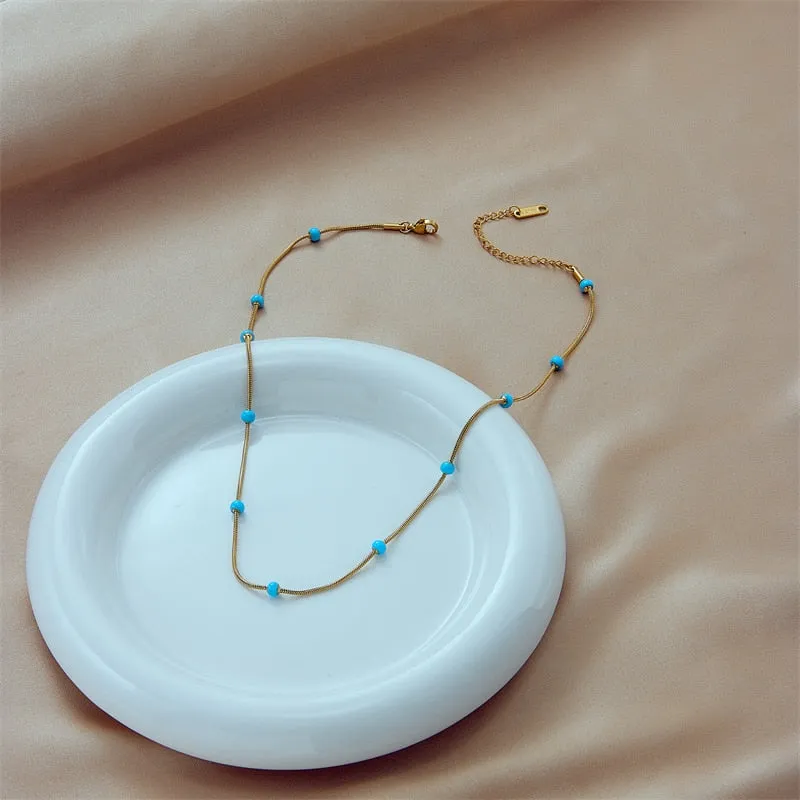 316L Stainless Steel Blue Beads Necklace For Women
