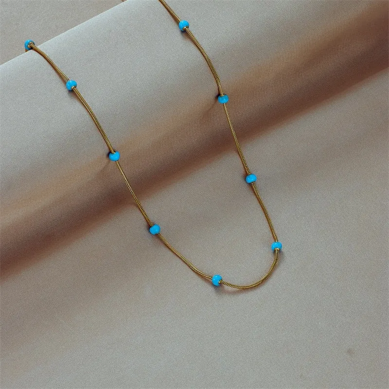 316L Stainless Steel Blue Beads Necklace For Women