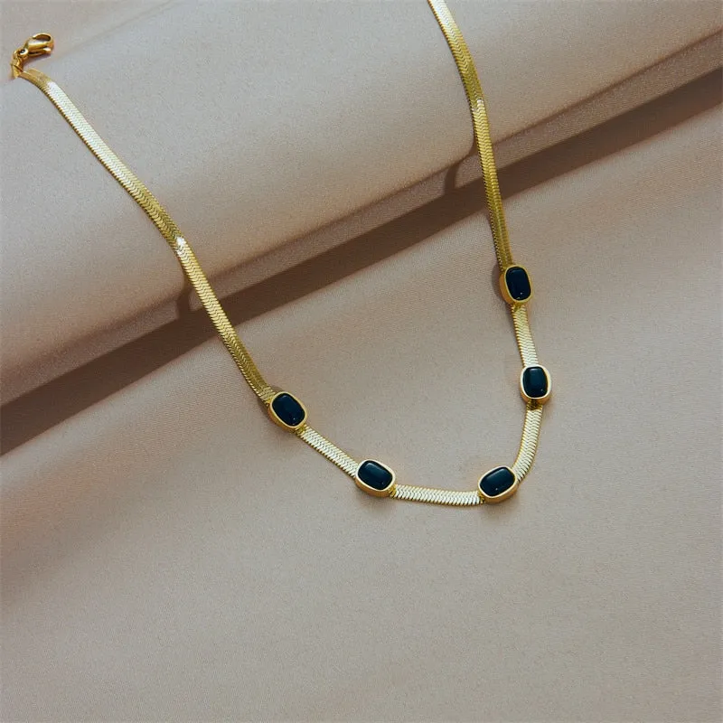 316L Stainless Steel Oval Black Stone Necklace For Women
