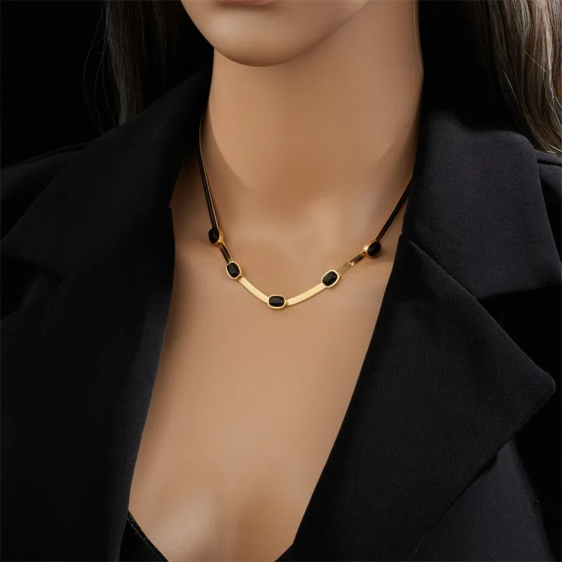 316L Stainless Steel Oval Black Stone Necklace For Women