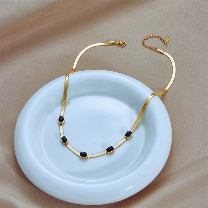316L Stainless Steel Oval Black Stone Necklace For Women