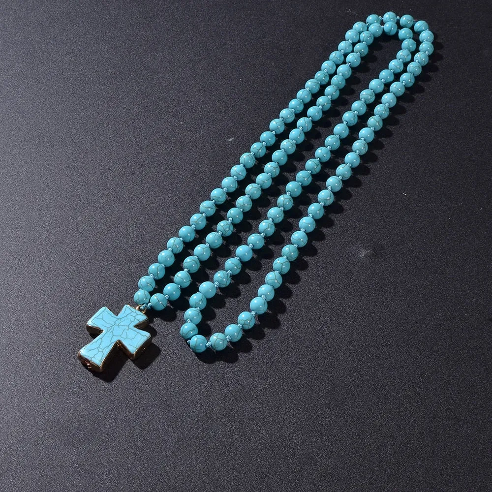 8mm Blue Turquoise Beads Knotted 108 Mala Necklace