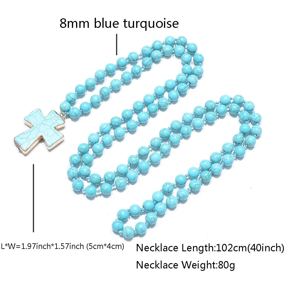 8mm Blue Turquoise Beads Knotted 108 Mala Necklace