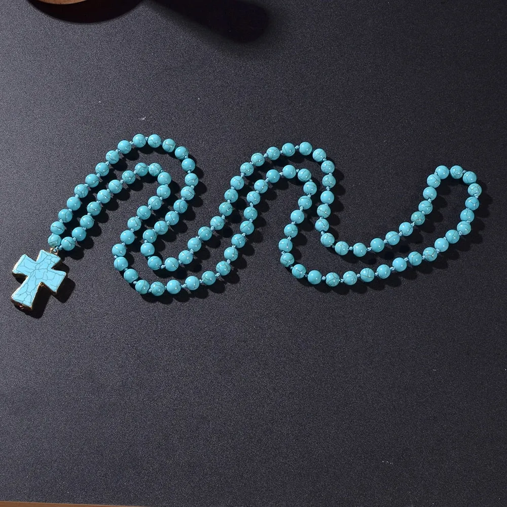 8mm Blue Turquoise Beads Knotted 108 Mala Necklace