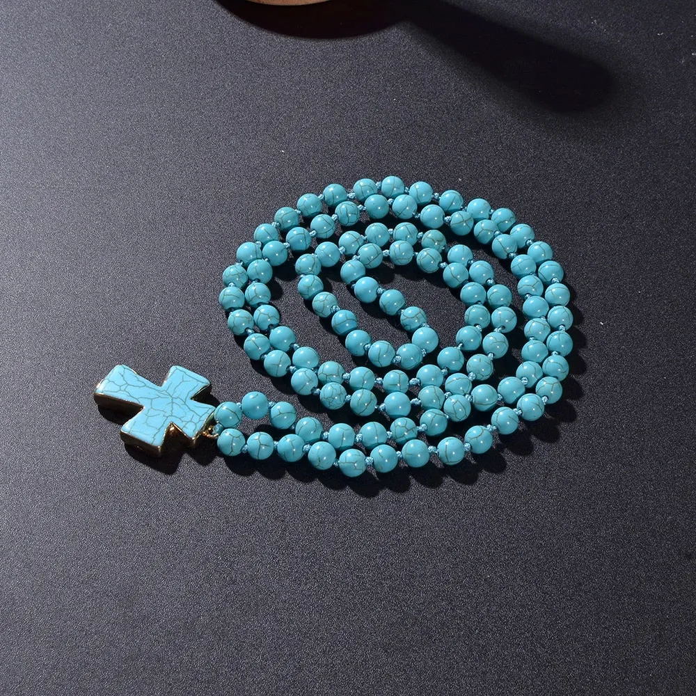 8mm Blue Turquoise Beads Knotted 108 Mala Necklace