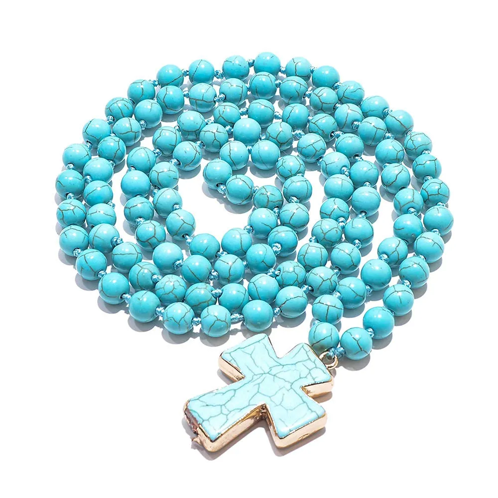 8mm Blue Turquoise Beads Knotted 108 Mala Necklace