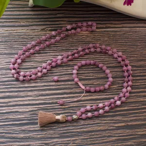 8mm Kunzite Beaded Knotted 108 Mala Necklace Meditation Yoga Prayer Jewelry Japamala Set
