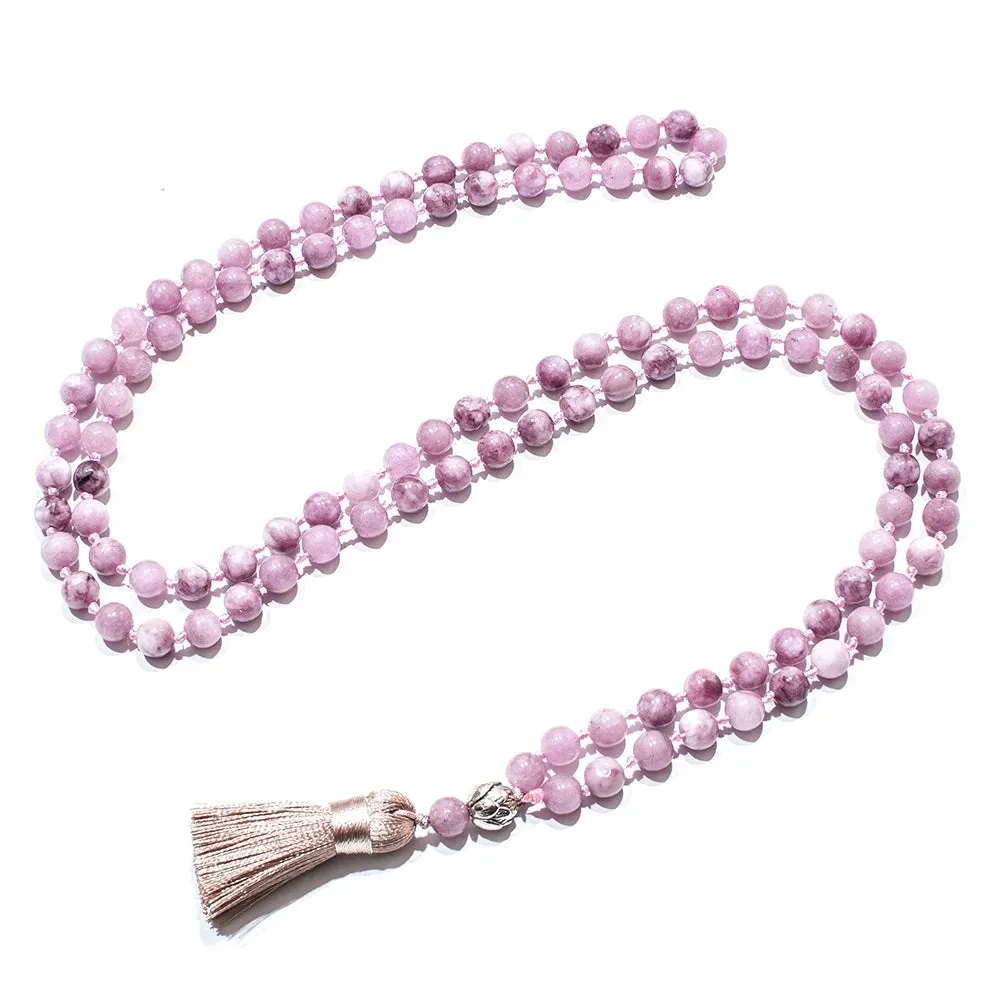 8mm Kunzite Beaded Knotted 108 Mala Necklace Meditation Yoga Prayer Jewelry Japamala Set