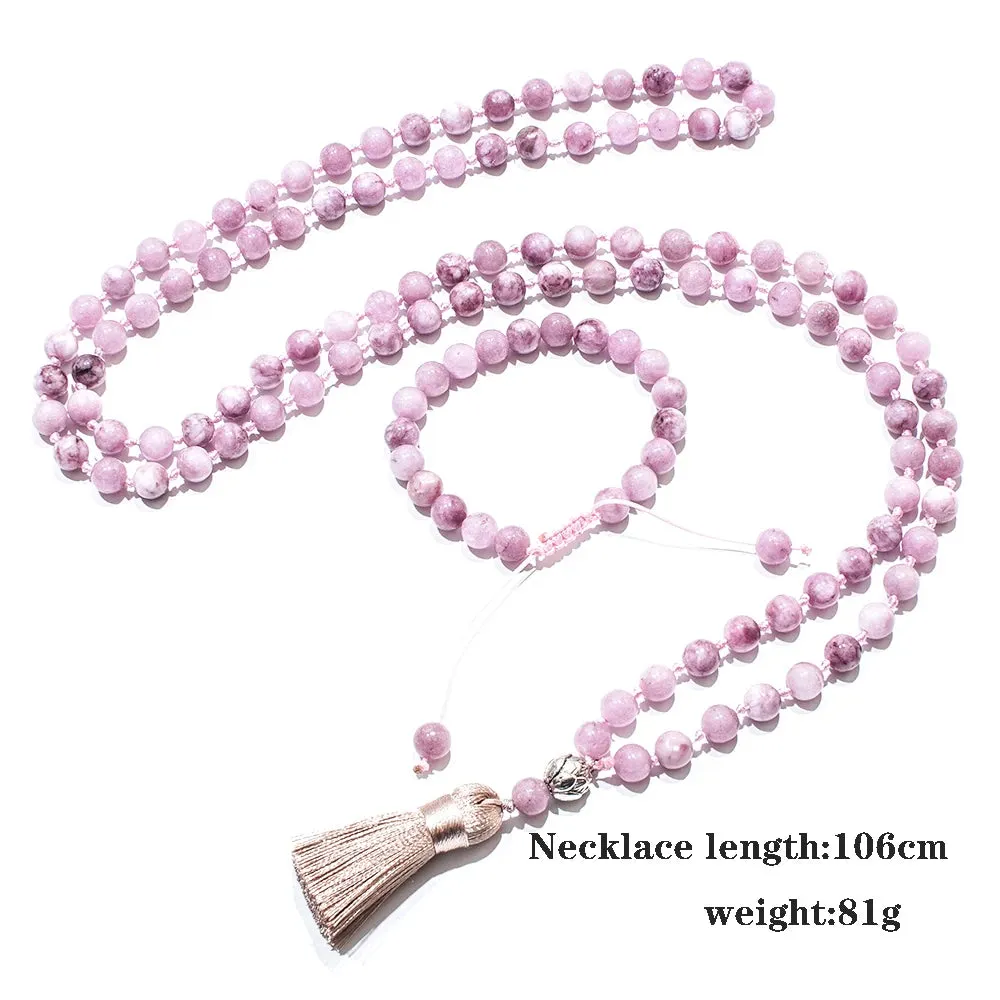 8mm Kunzite Beaded Knotted 108 Mala Necklace Meditation Yoga Prayer Jewelry Japamala Set