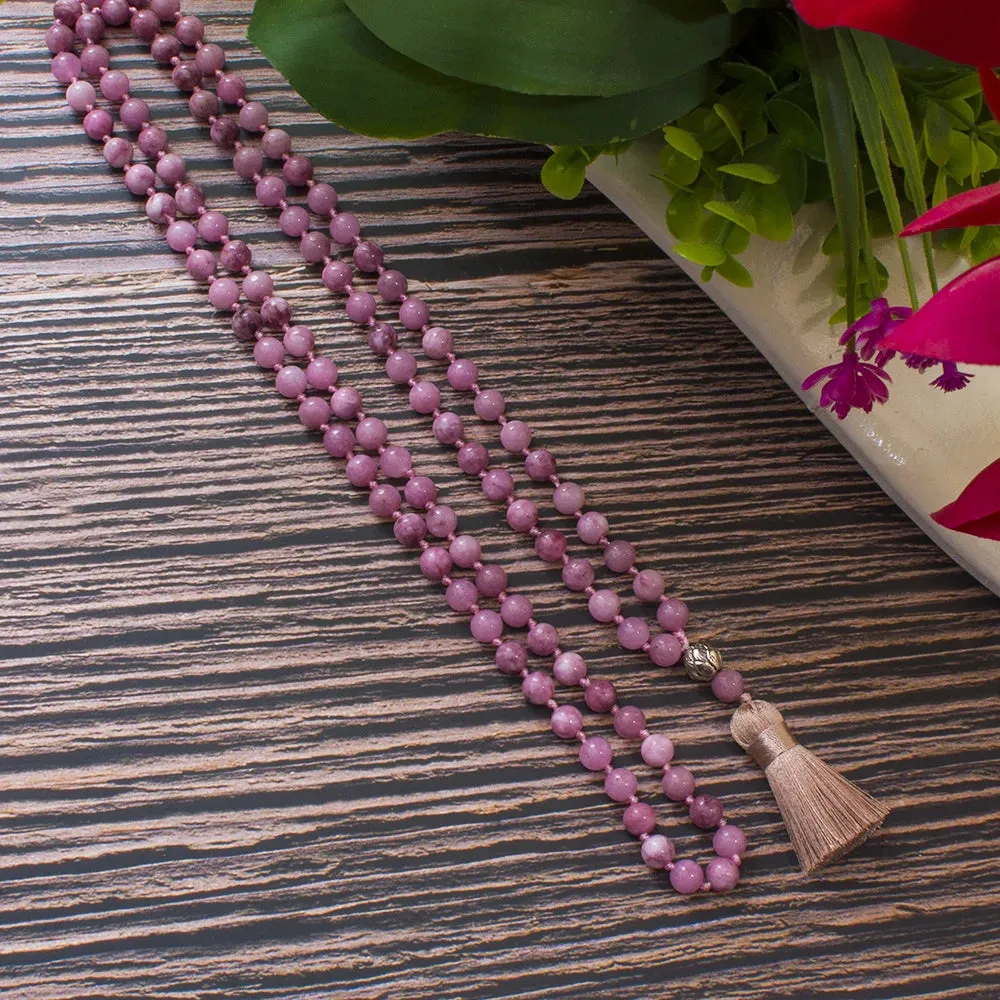 8mm Kunzite Beaded Knotted 108 Mala Necklace Meditation Yoga Prayer Jewelry Japamala Set