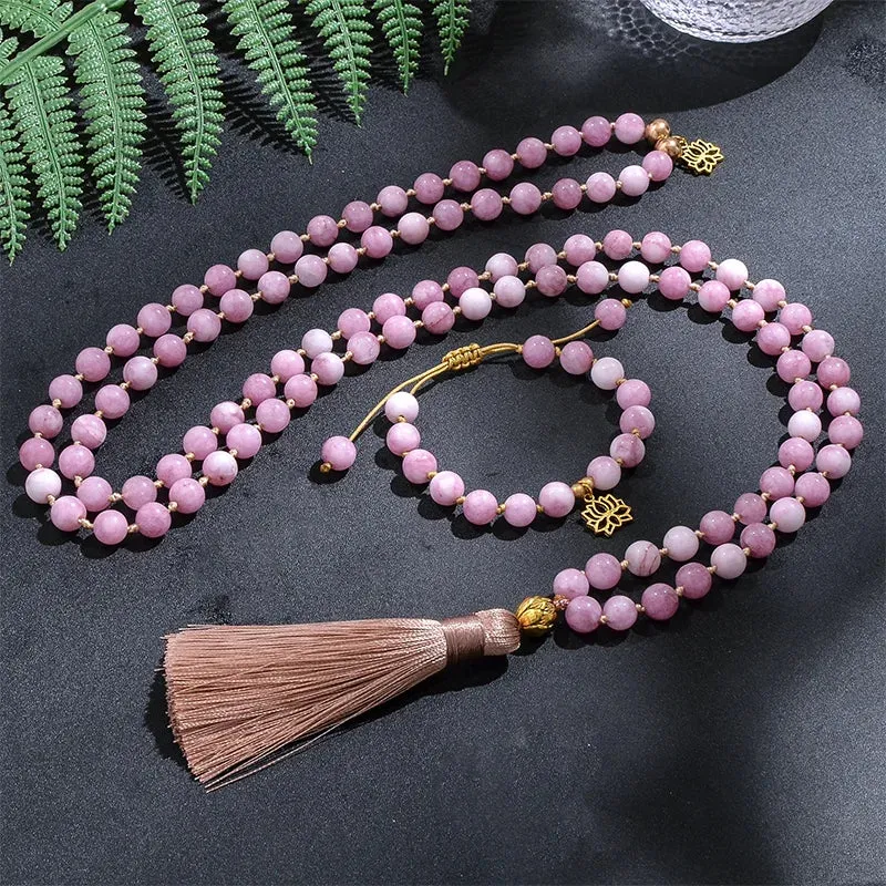 8mm Kunzite Beaded Knotted 108 Mala Necklace Meditation Yoga Prayer Jewelry Japamala Set