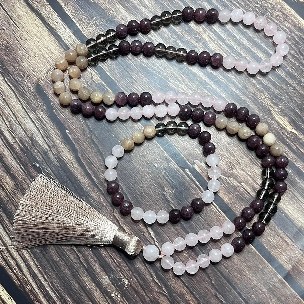 8mm Rose Quartz Sunstone Smoke Crystal Garnet Necklace Bracelet Set
