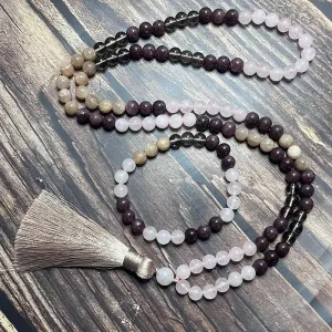 8mm Rose Quartz Sunstone Smoke Crystal Garnet Necklace Bracelet Set