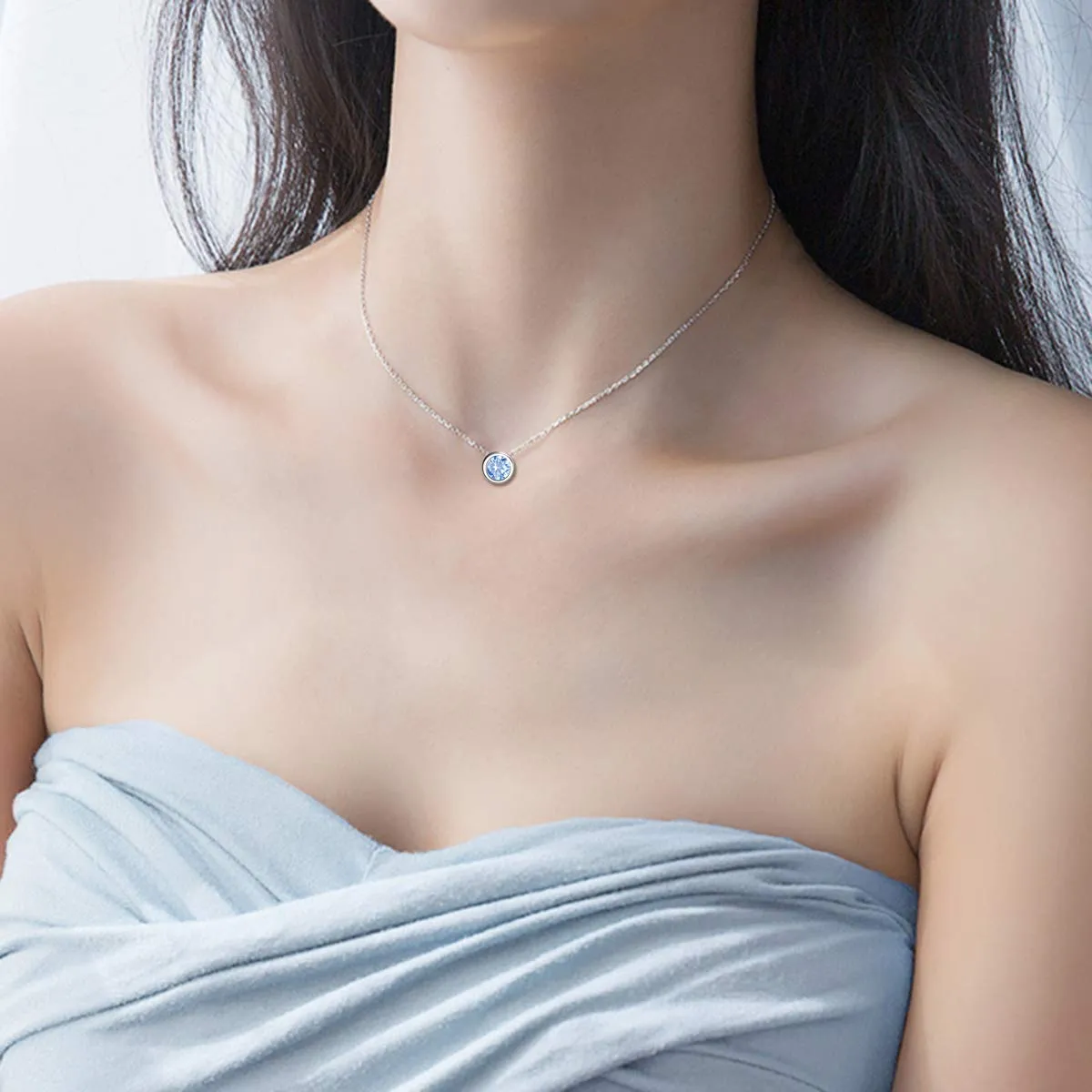 925 Sterling Silver Solitaire Cubic Zirconia Necklace for Women Teen Girls March - Light Blue