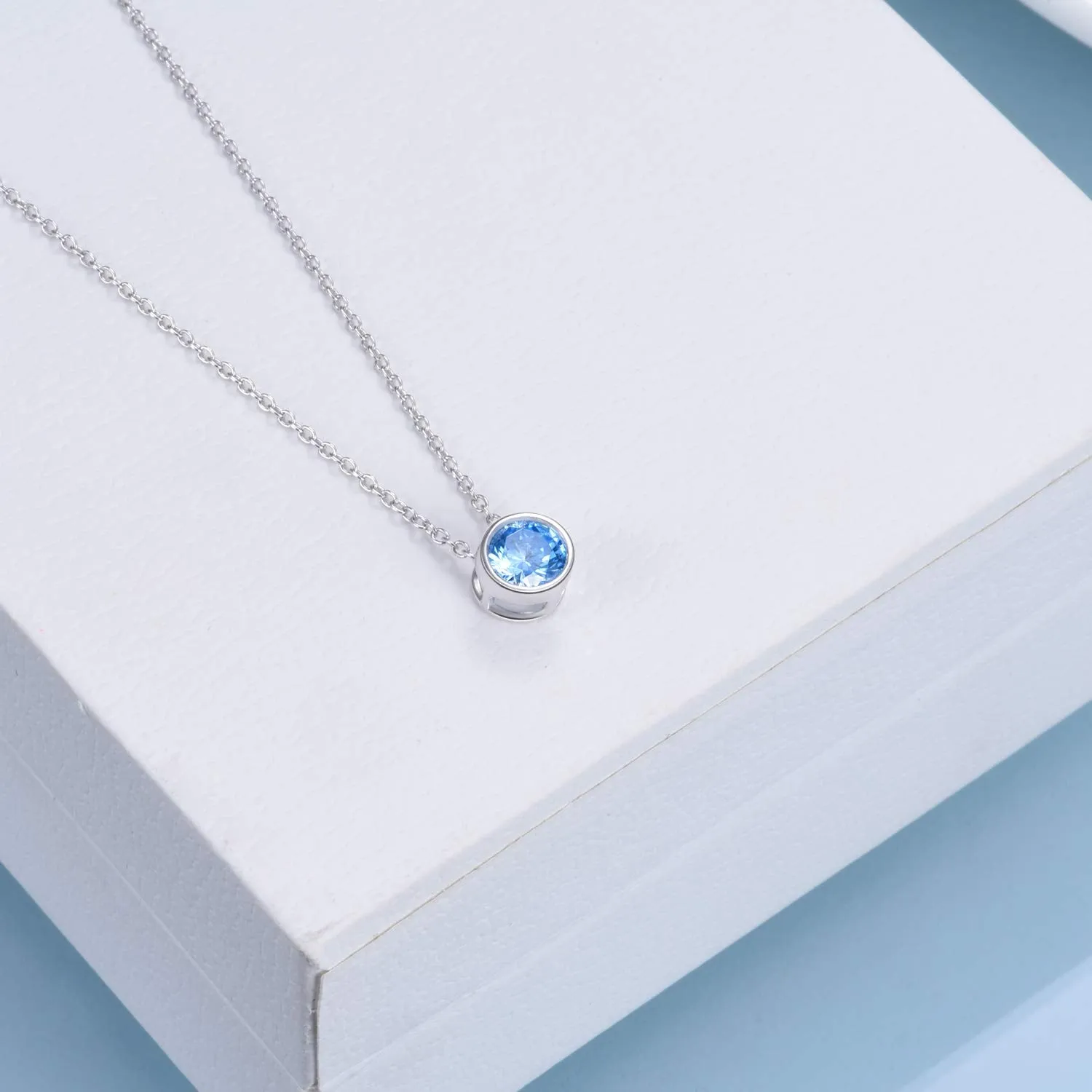 925 Sterling Silver Solitaire Cubic Zirconia Necklace for Women Teen Girls March - Light Blue