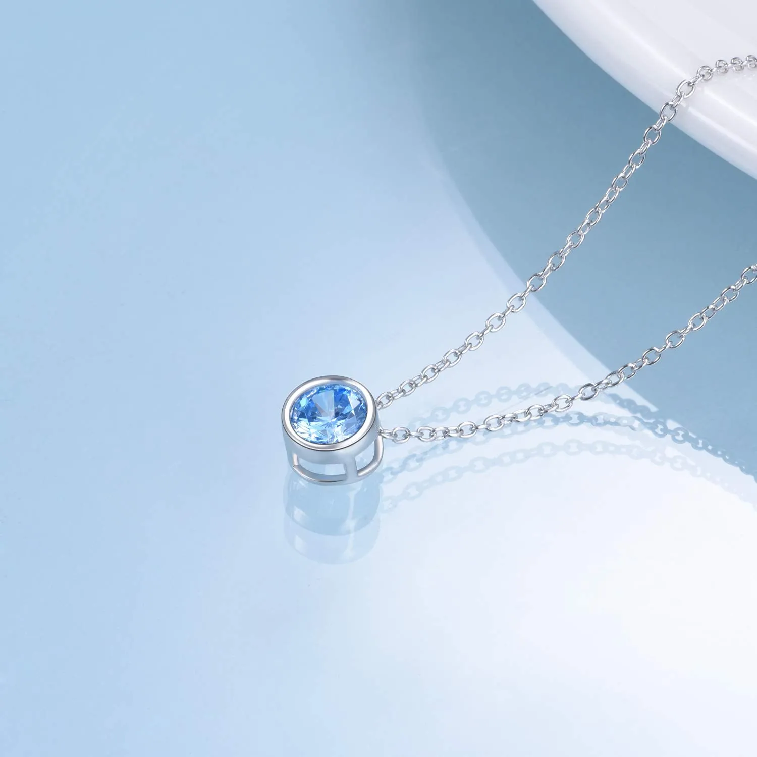 925 Sterling Silver Solitaire Cubic Zirconia Necklace for Women Teen Girls March - Light Blue