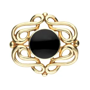 9ct Yellow Gold Whitby Jet Round Fancy Swirl Brooch
