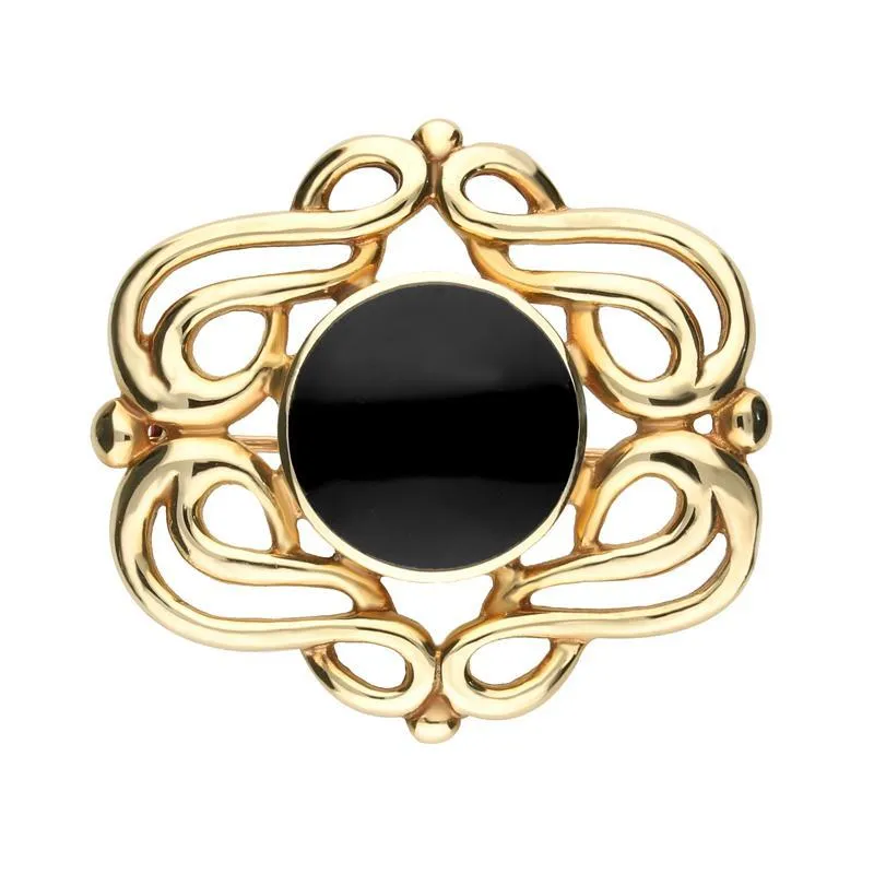 9ct Yellow Gold Whitby Jet Round Fancy Swirl Brooch