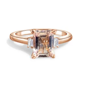 9kt Rose Gold Emerald cut Morganite 1.37ct and Baugette Diamond ring