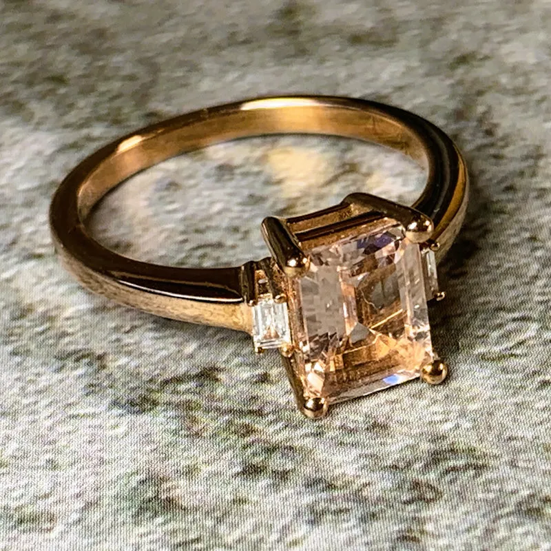 9kt Rose Gold Emerald cut Morganite 1.37ct and Baugette Diamond ring