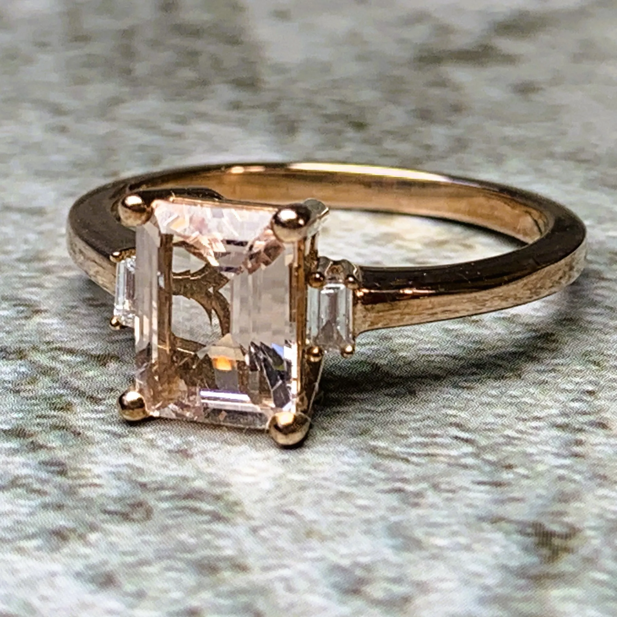 9kt Rose Gold Emerald cut Morganite 1.37ct and Baugette Diamond ring